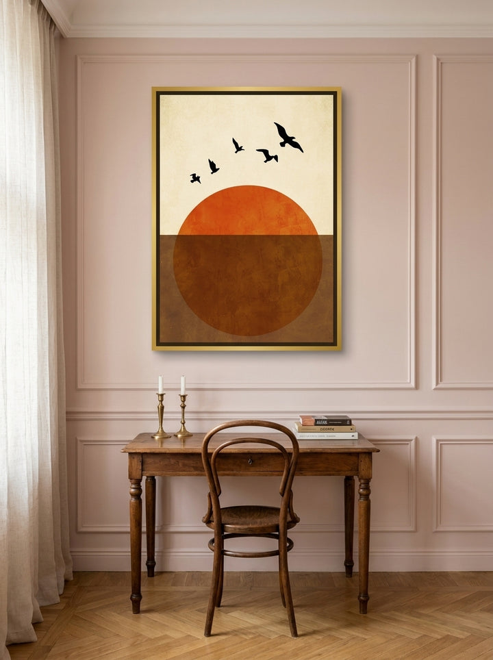 Canvas wall art with a gold leaf surround styled on the wall in a Parisian home office