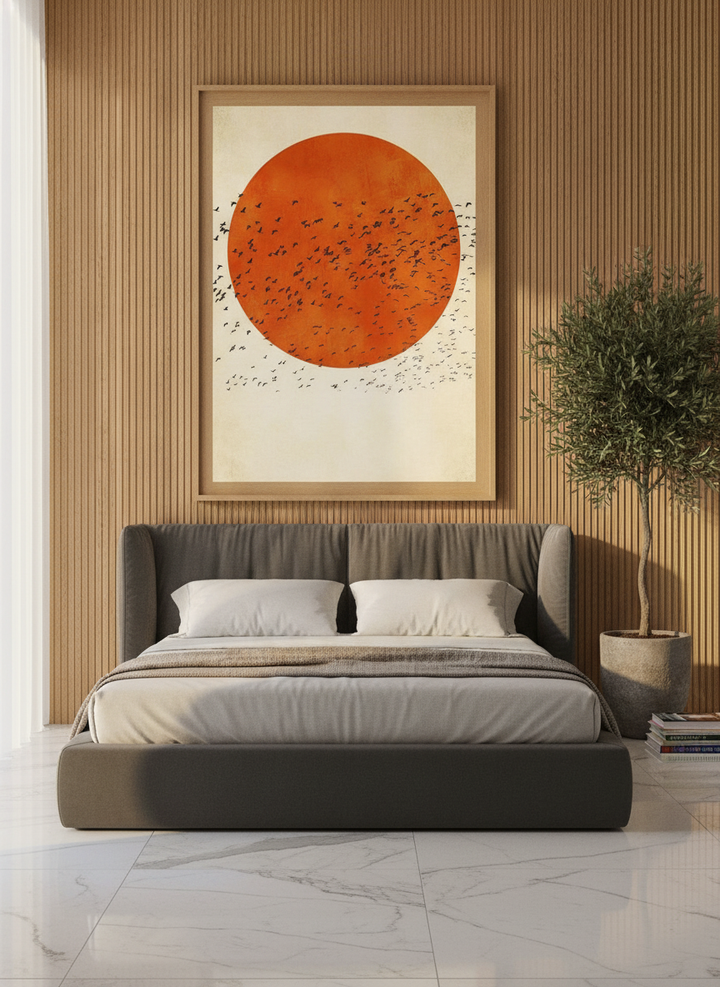 Oversized statement modern wall art print styled on the wall in a luxe bedroom
