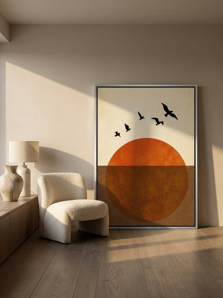 Oversized statement canvas wall art with a silver leaf surround leaning against the wall in a luxe bedroom