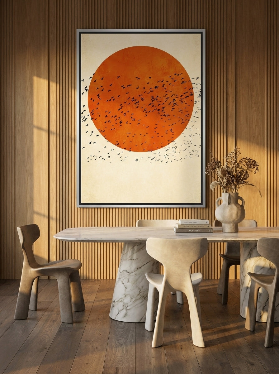 Oversized statement canvas wall art with a silver leaf surround styled on the wall in a luxe dining room