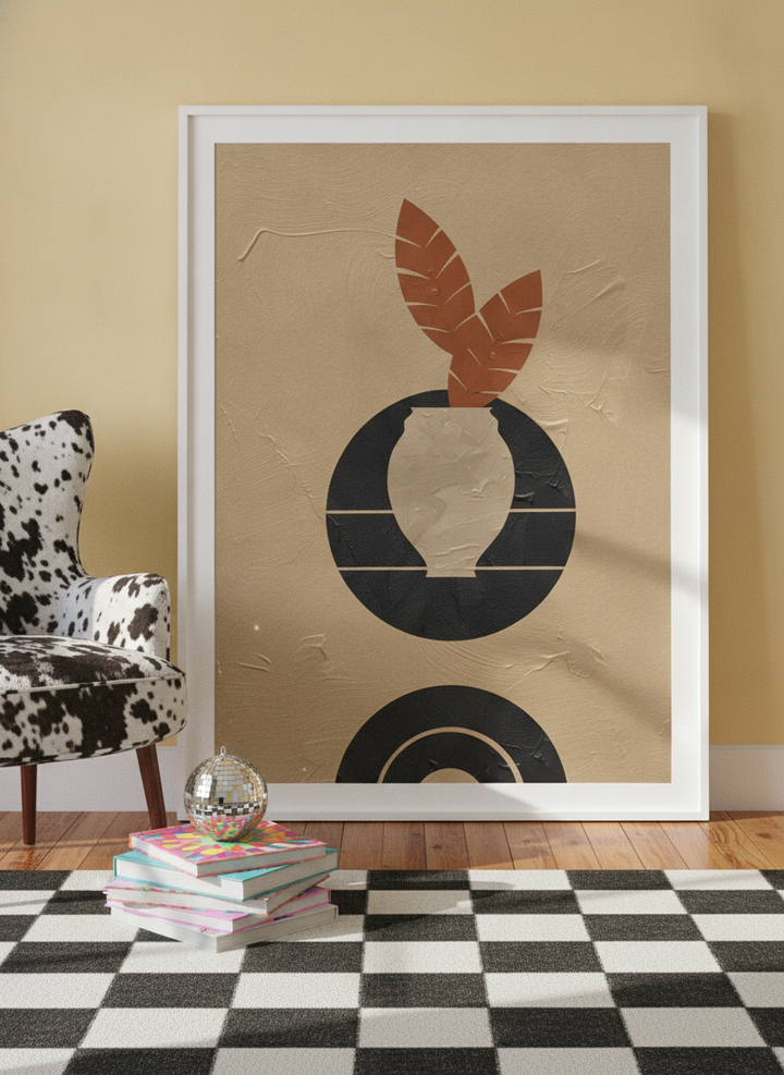 Modern wall art print leaning against the wall in a colourful eclectic bedroom