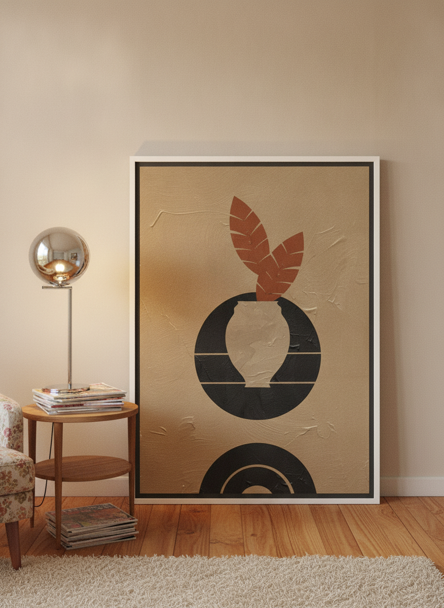 Canvas wall art with a white surround leaning against the wall in a retro 70s bedroom