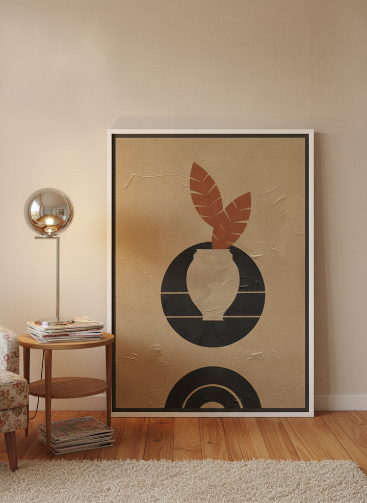 Canvas wall art with a white surround leaning against the wall in a retro 70s bedroom