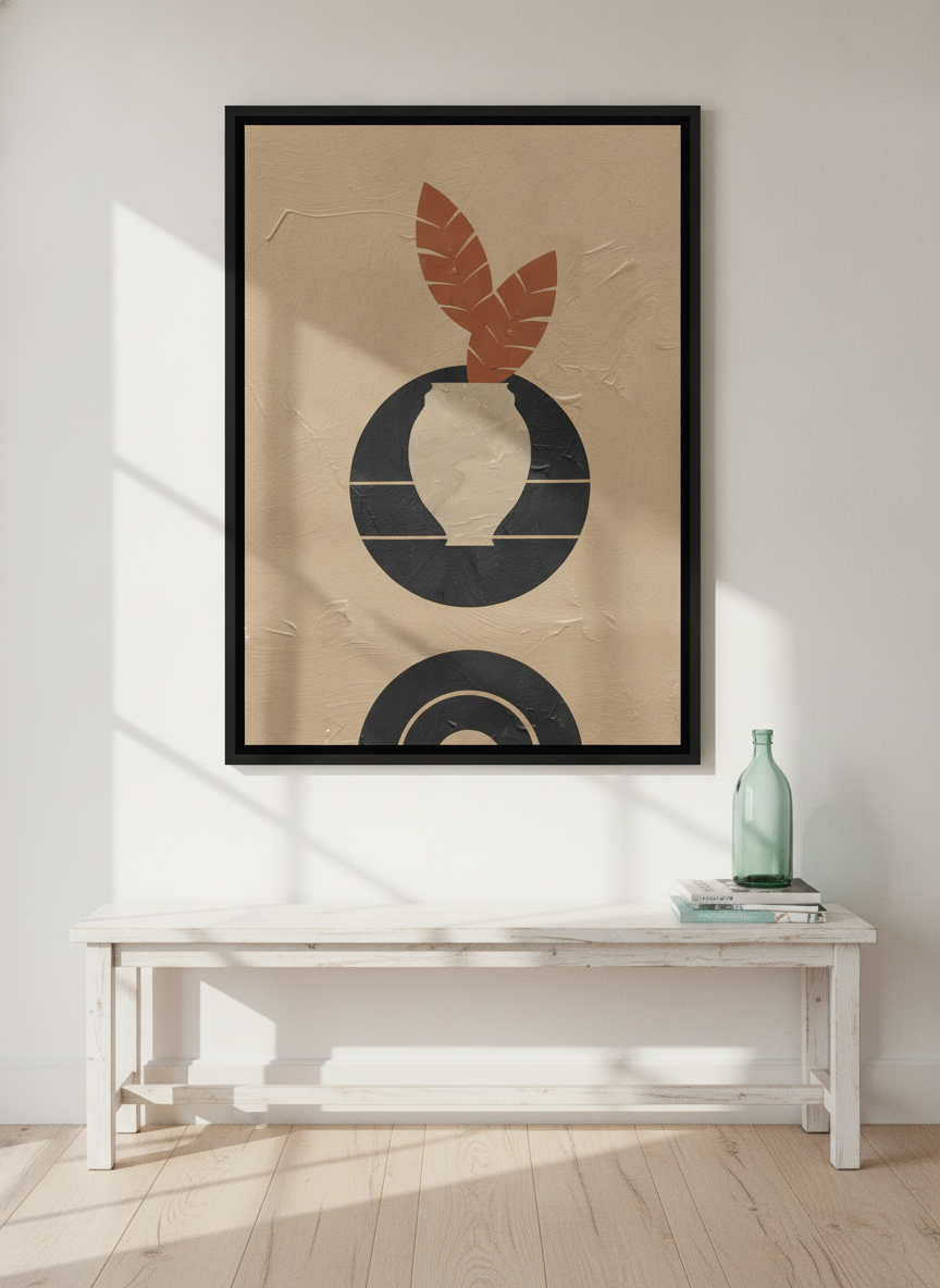Canvas wall art with a black surround styled on the wall in a coastal living room