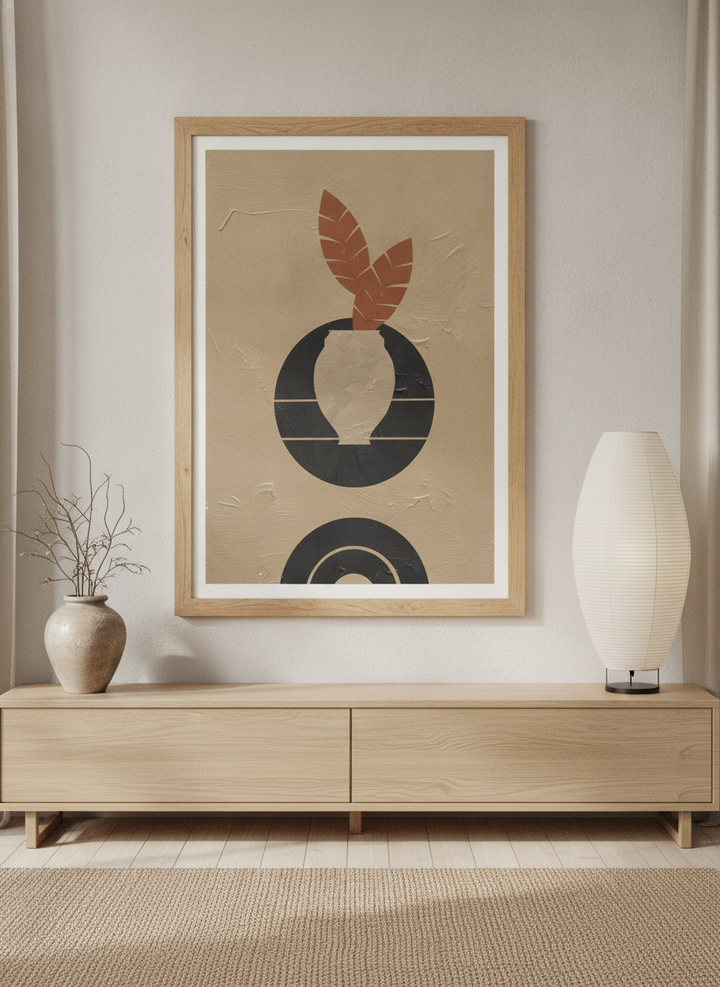 Modern wall art print styled on the wall in a warm Japandi living room