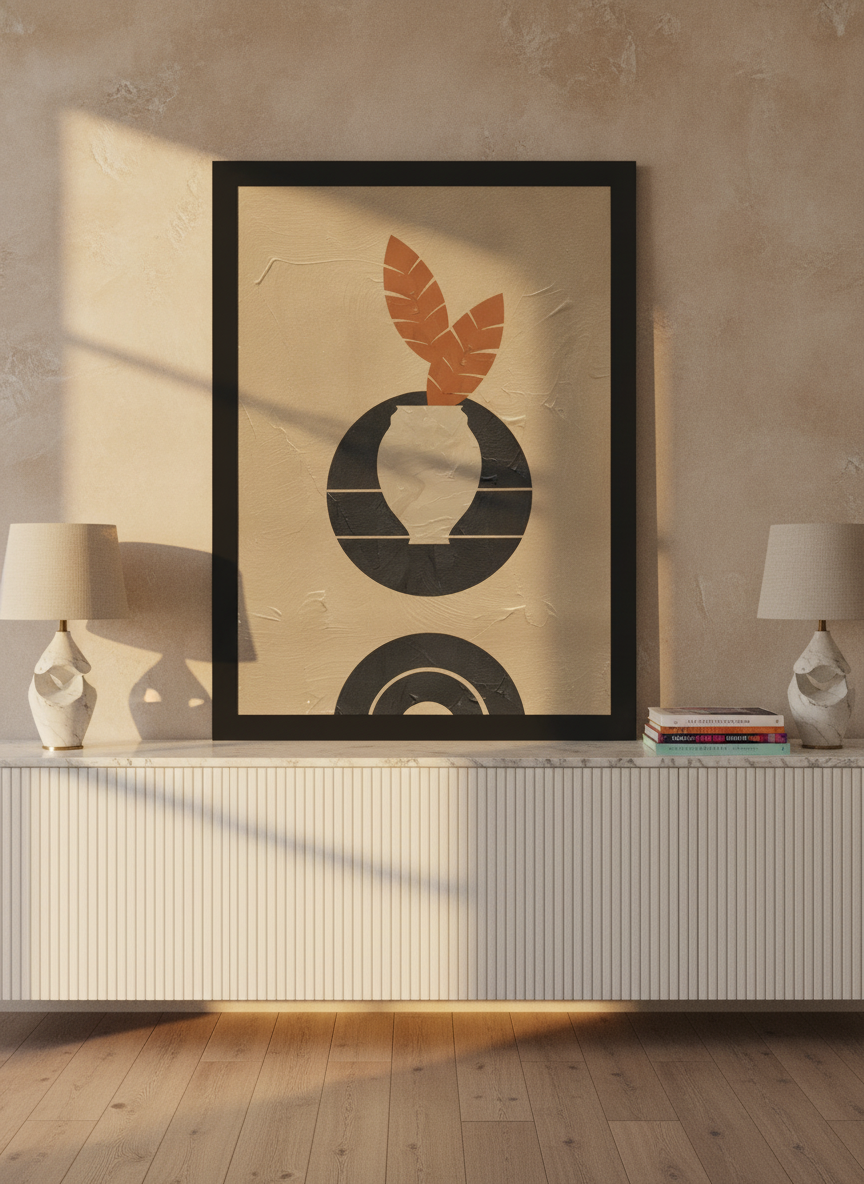 Modern wall art print standing on a sideboard in a luxe living room