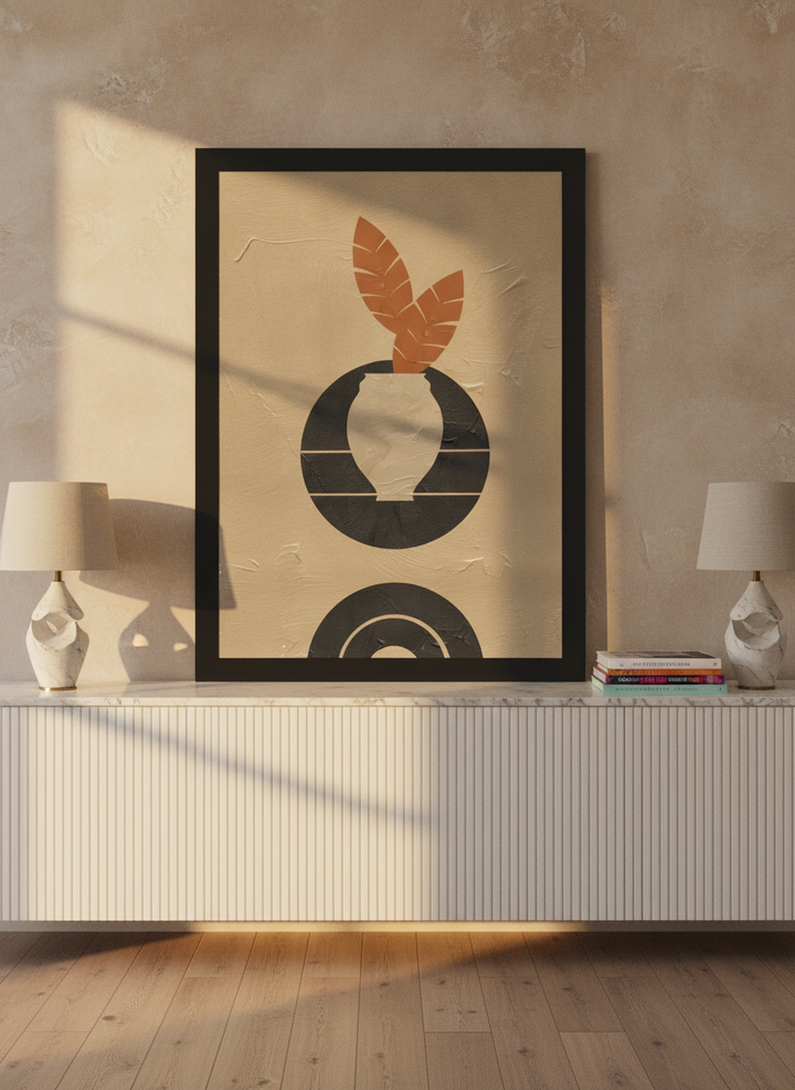 Modern wall art print standing on a sideboard in a luxe living room