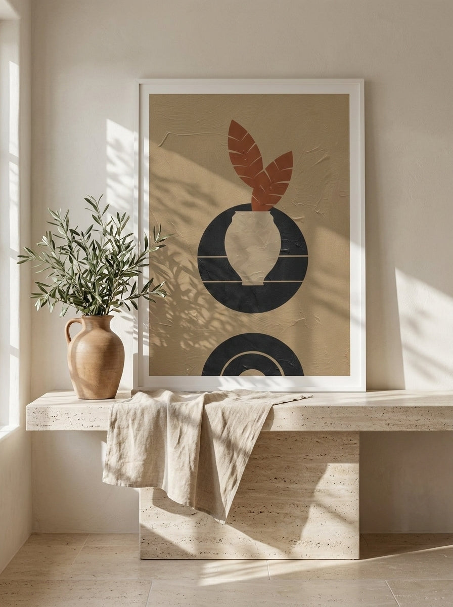 Modern wall art print standing on a console in a Mediterranean home office