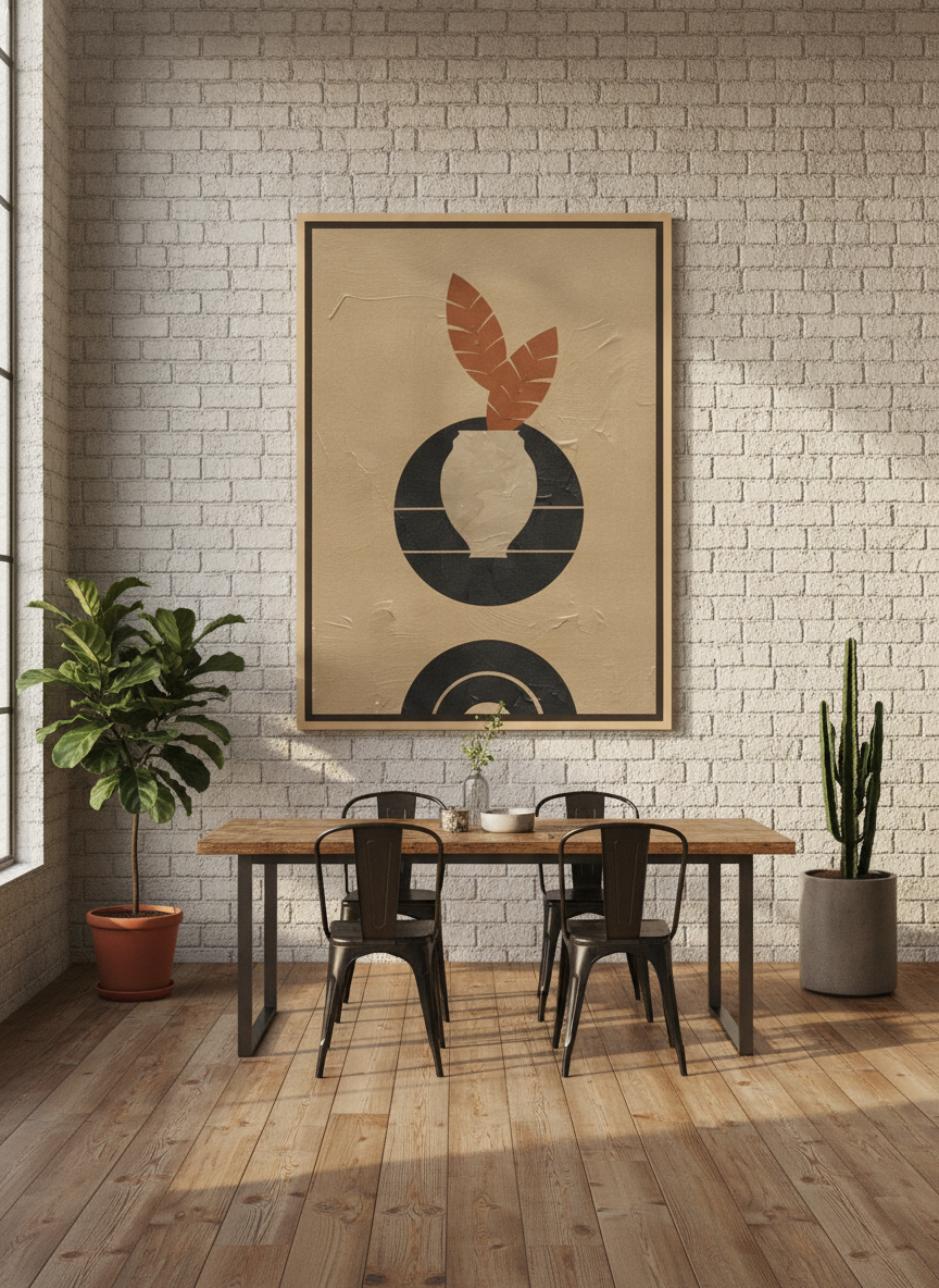 Oversized statement canvas wall art with a natural timber surround styled on the wall in an industrial loft dining room