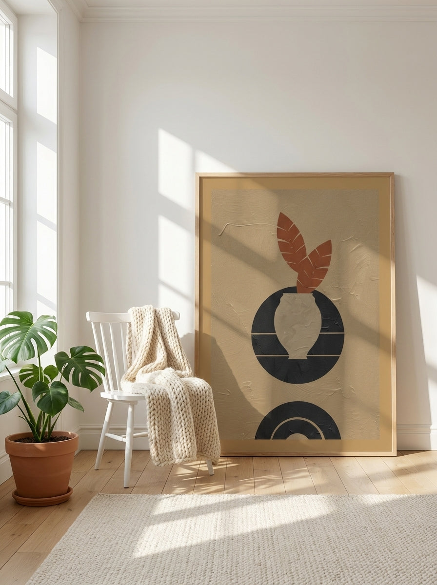 Oversized statement modern wall art print leaning against the wall in a bright Scandinavian dining room