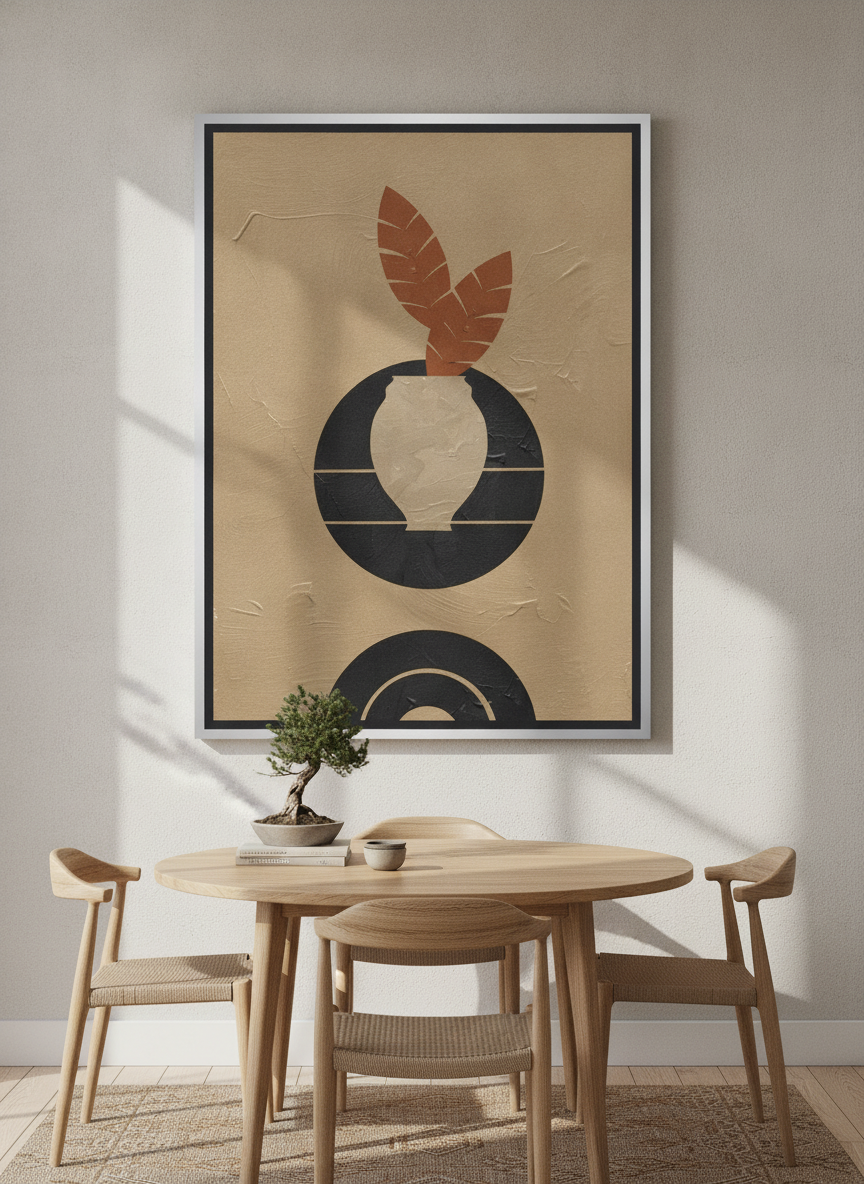 Oversized statement canvas wall art with a silver leaf surround styled on the wall in a warm Japandi dining room