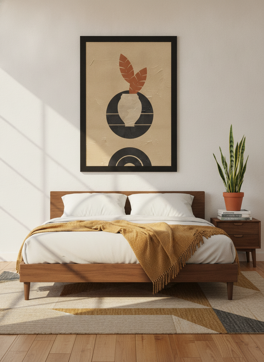Oversized statement modern wall art print styled on the wall in a mid-century bedroom