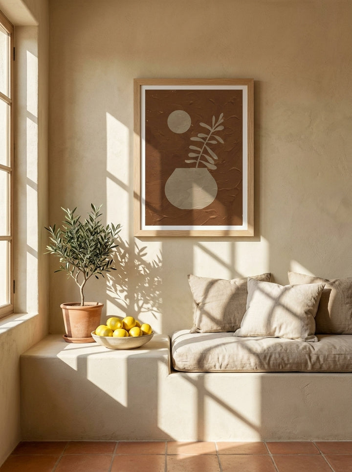 Modern wall art print styled on the wall in a Mediterranean living room