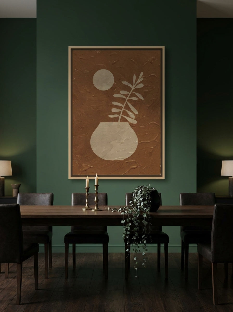 Oversized statement canvas wall art with a natural timber surround styled on the wall in a moody dining room