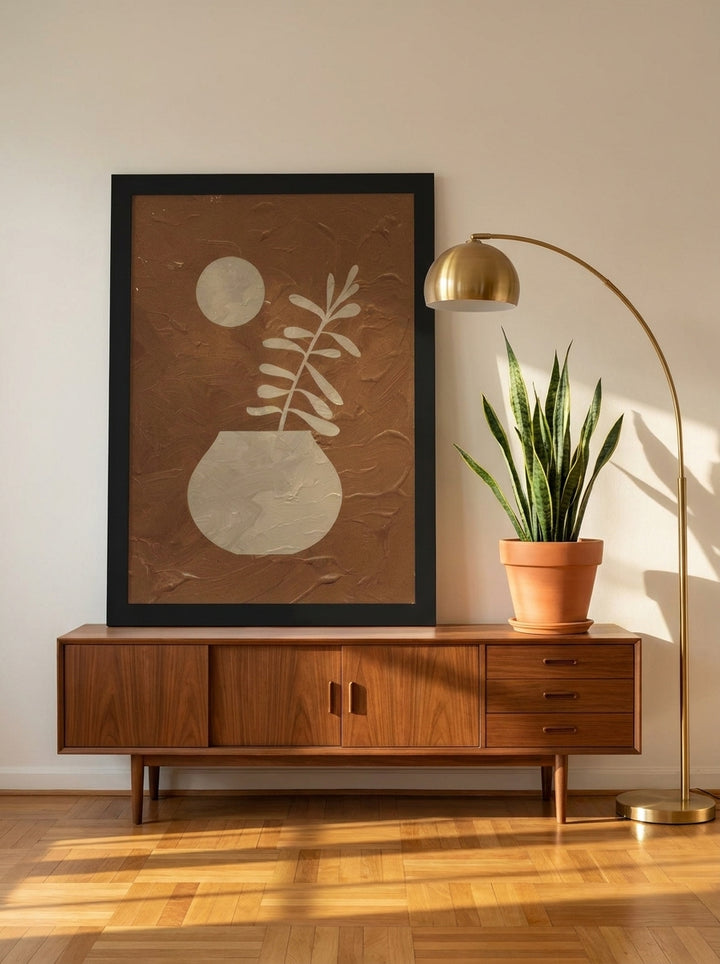 Modern wall art print standing on a sideboard in a mid-century living room