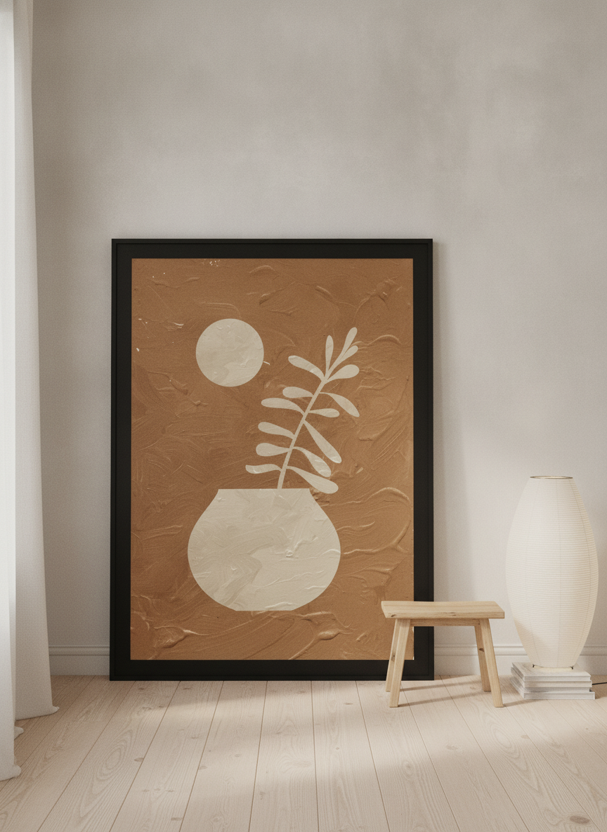 Oversized statement modern wall art print leaning against the wall in a warm Japandi bedroom