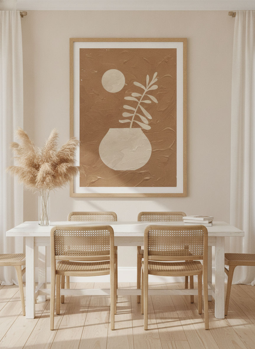 Oversized statement modern wall art print styled on the wall in a coastal dining room