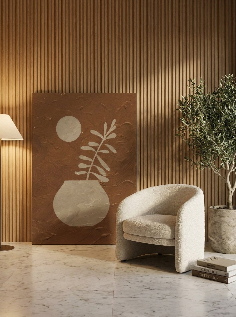 Stretched canvas wall art leaning against the wall in a luxe home office