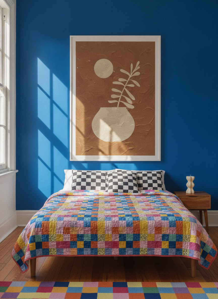 Modern wall art print styled on the wall in a colourful eclectic bedroom