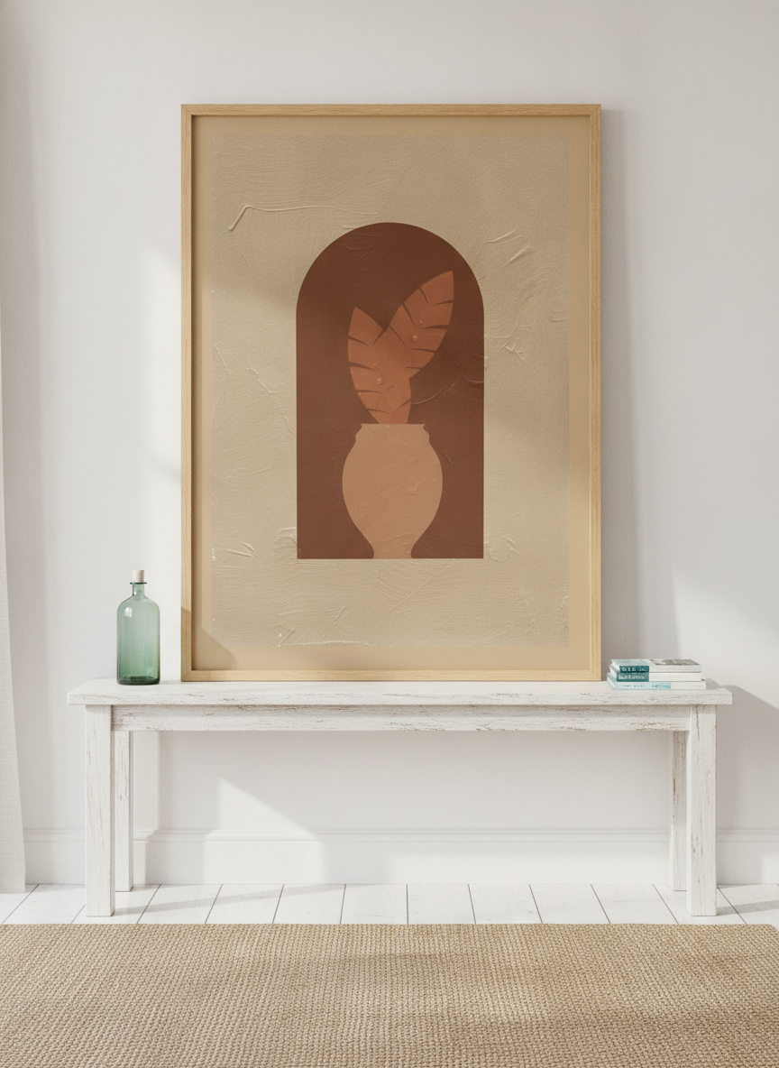Modern wall art print standing on a console in a coastal home office