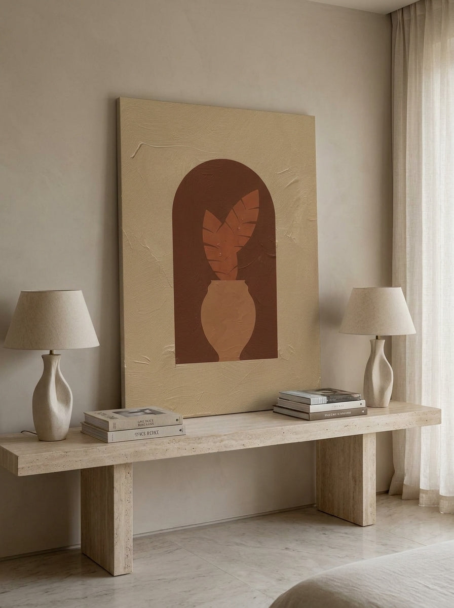 Stretched canvas wall art standing on a console in a luxe bedroom