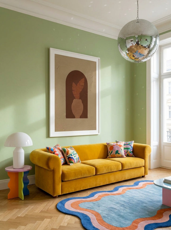 Oversized statement modern wall art print styled on the wall in a colourful eclectic living room