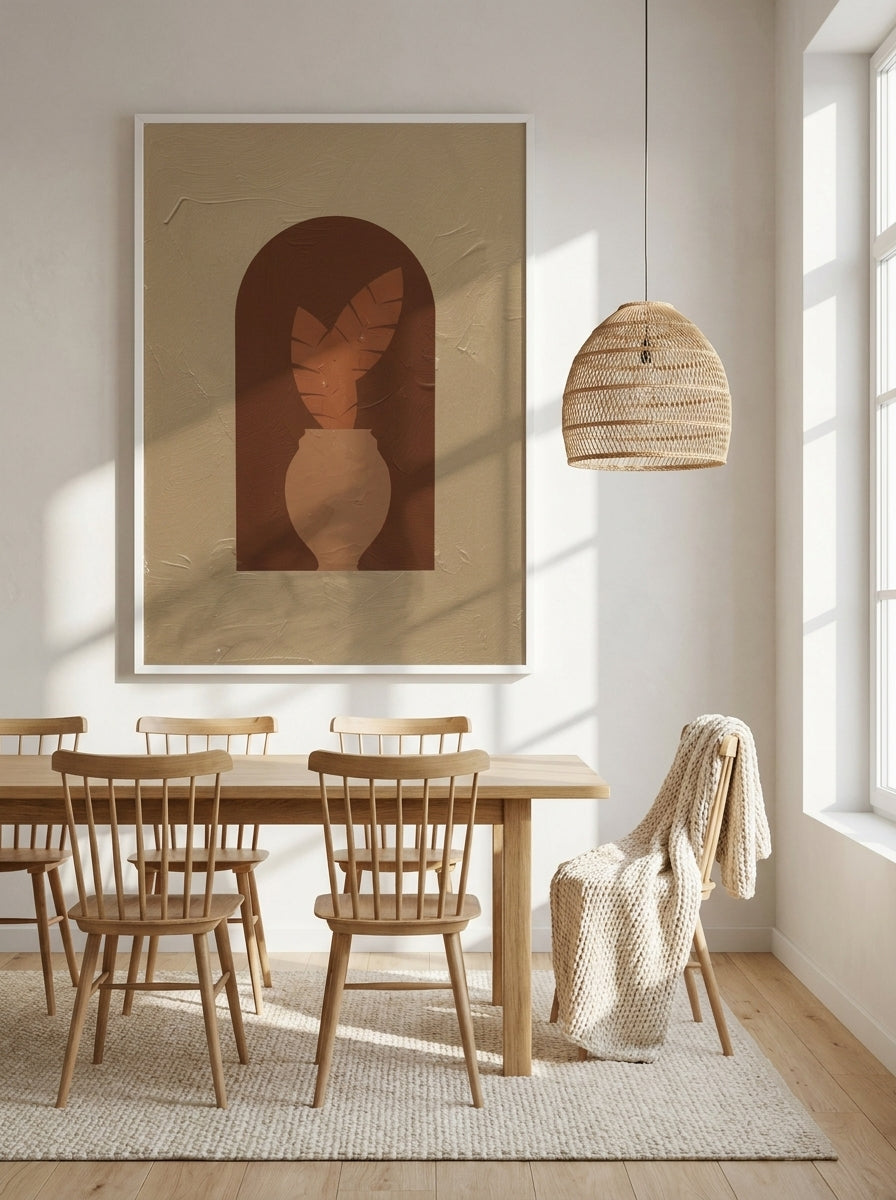 Oversized statement modern wall art print styled on the wall in a bright Scandinavian dining room