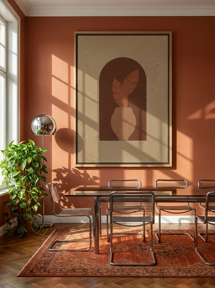 Oversized statement canvas wall art with a natural timber surround styled on the wall in a retro 70s dining room