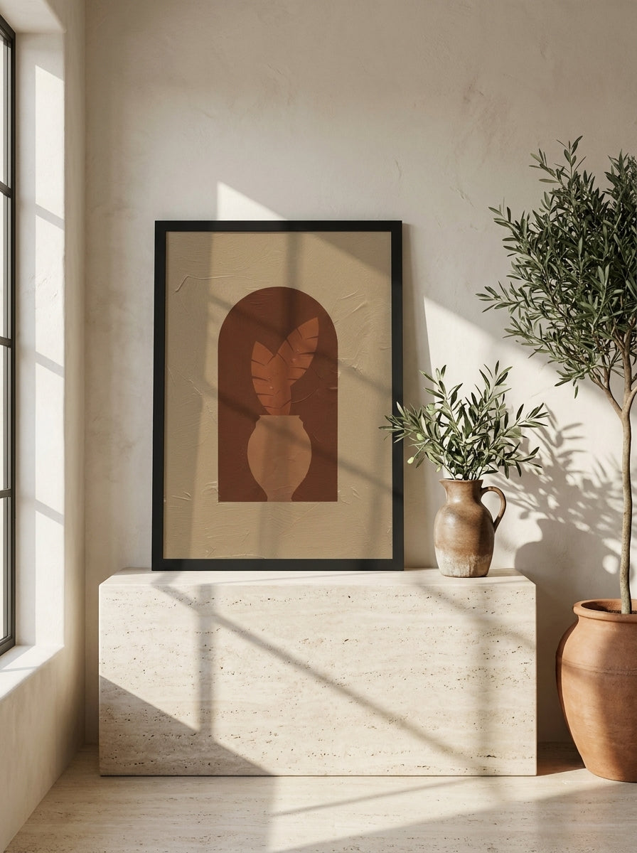 Modern wall art print standing on a console in a Mediterranean bedroom