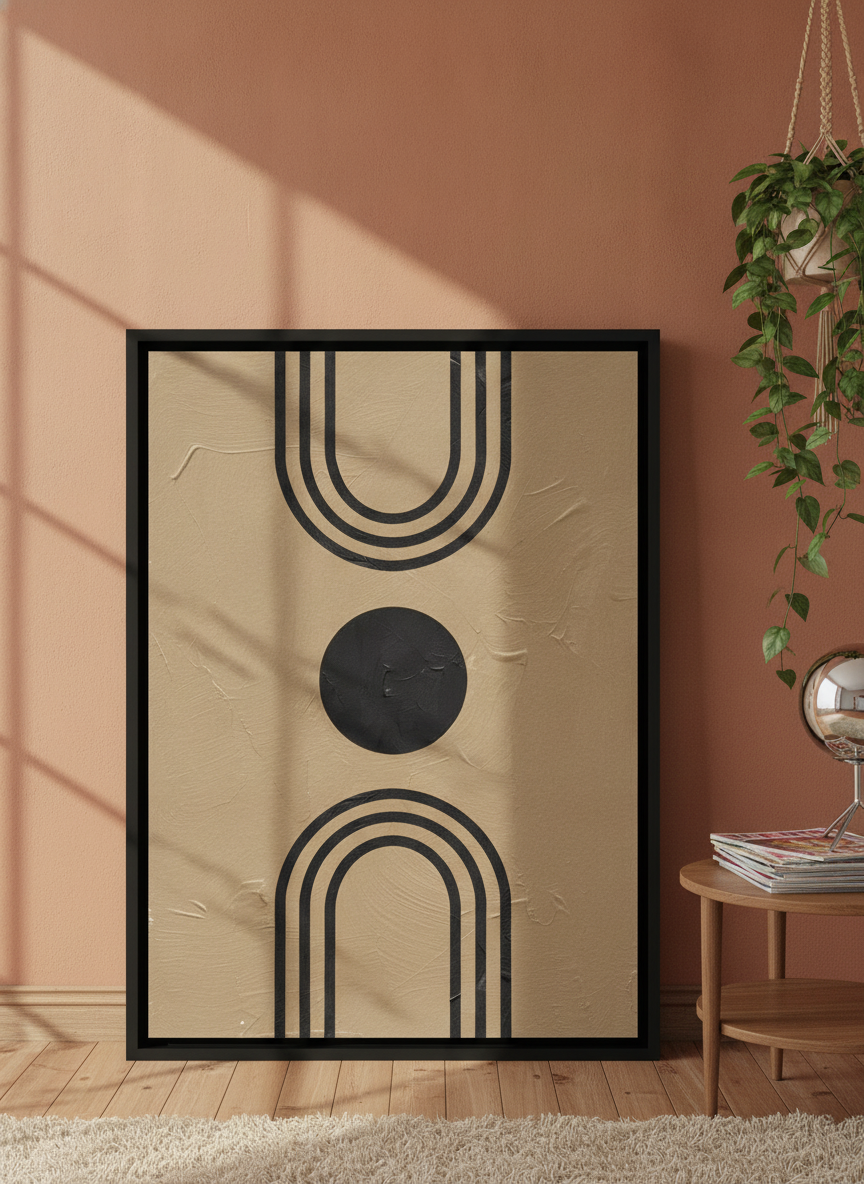 Canvas wall art with a black surround leaning against the wall in a retro 70s living room