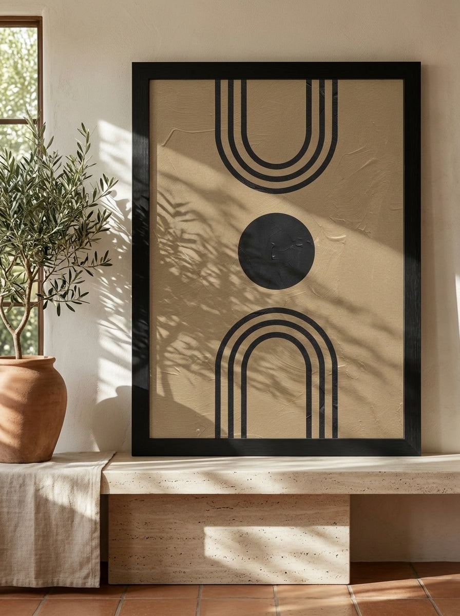 Modern wall art print standing on a console in a Mediterranean living room