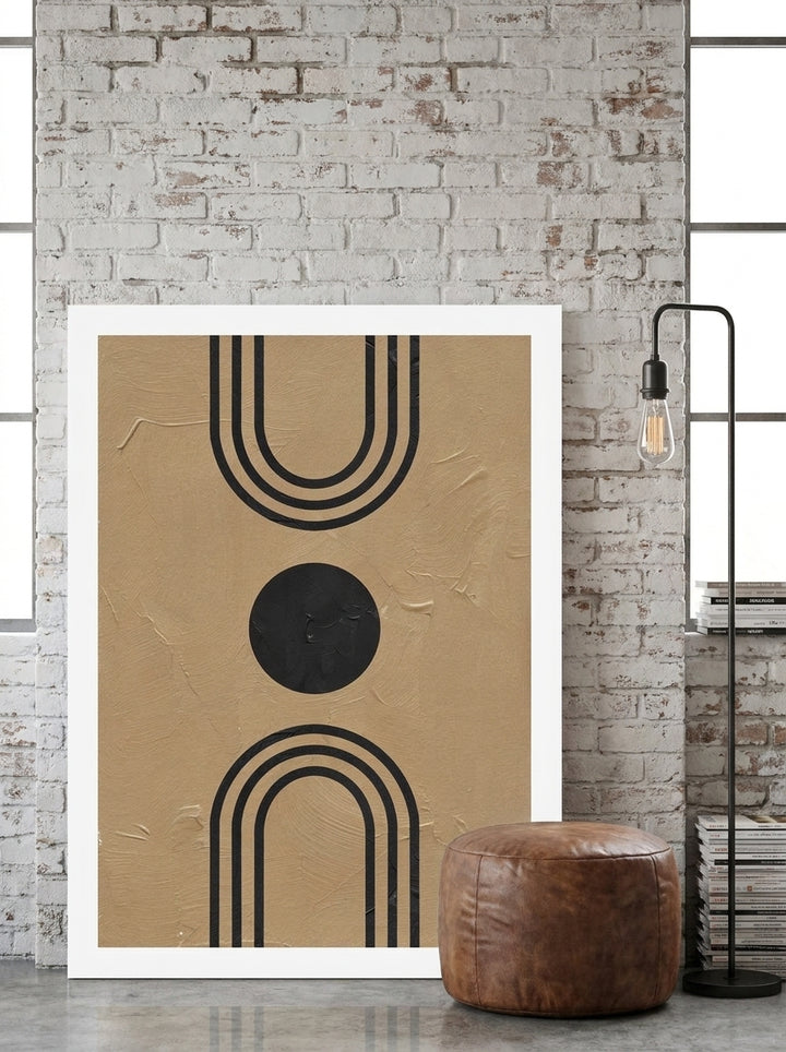 Modern wall art print leaning against the wall in an industrial loft bedroom