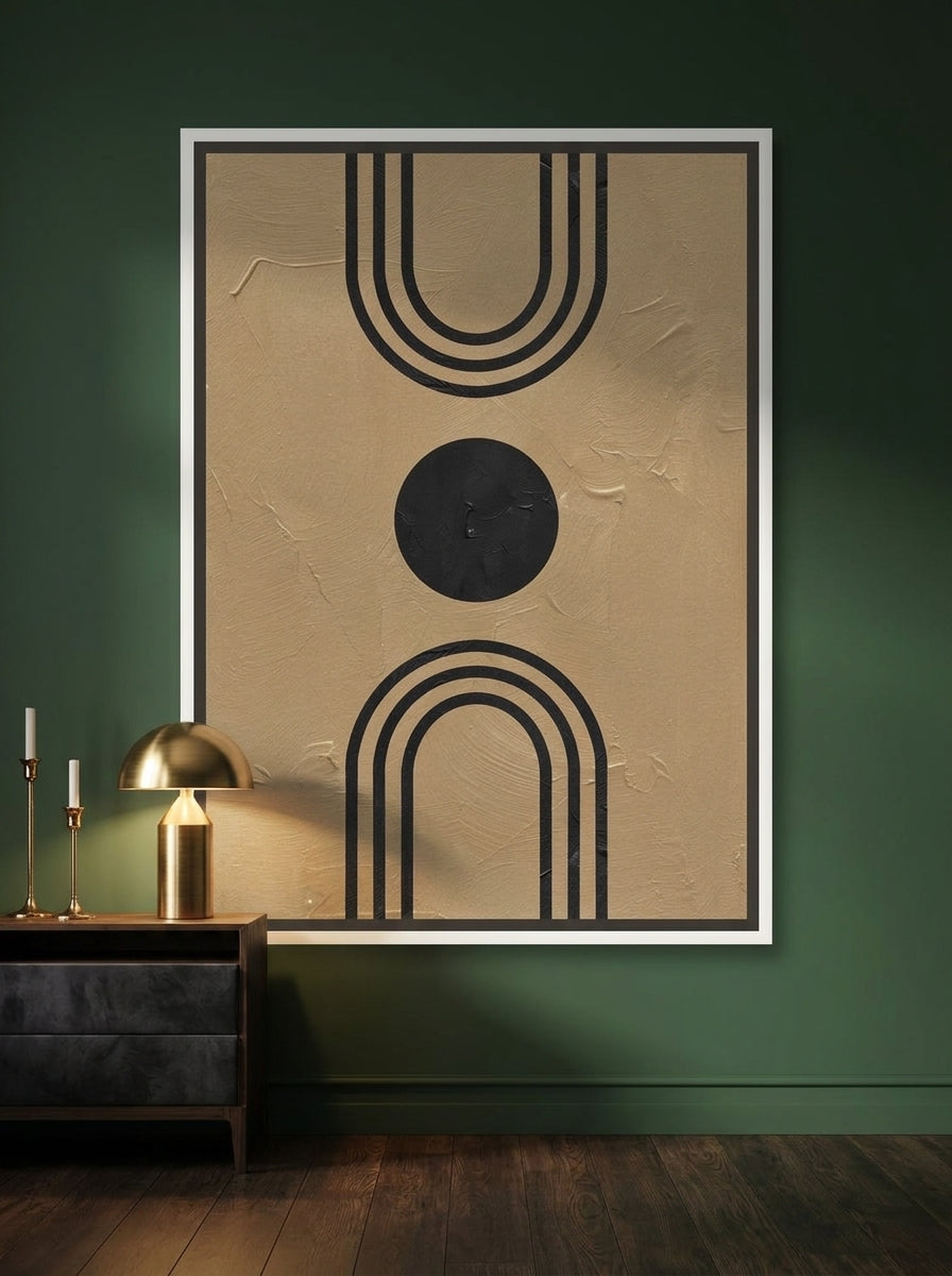 Canvas wall art with a white surround styled on the wall in a moody bedroom