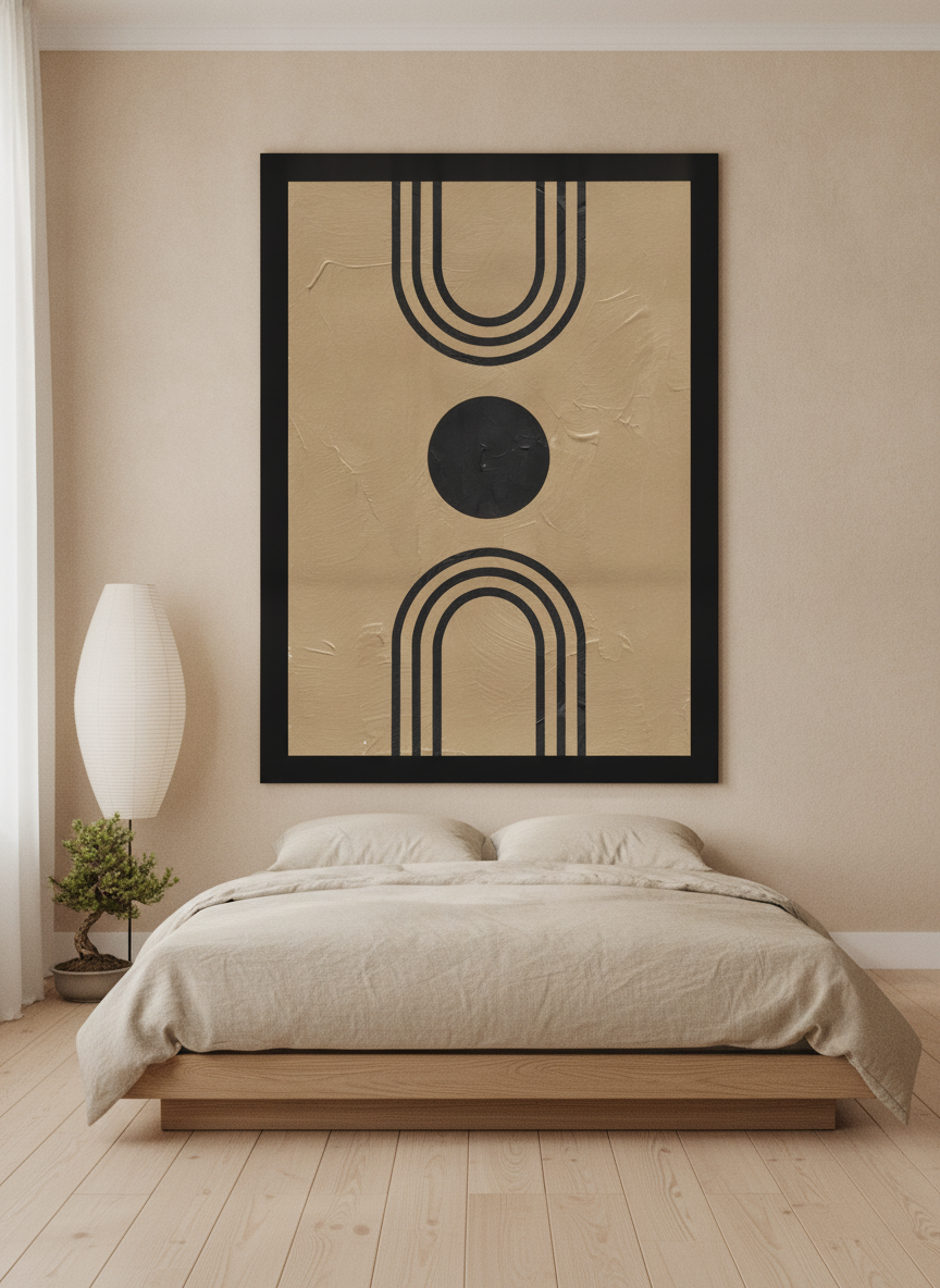 Oversized statement modern wall art print styled on the wall in a warm Japandi bedroom