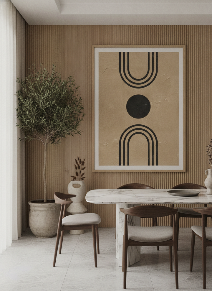 Oversized statement modern wall art print styled on the wall in a luxe dining room