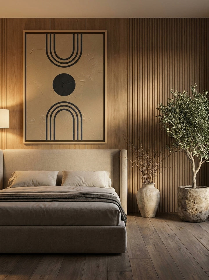 Oversized statement canvas wall art with a natural timber surround styled on the wall in a luxe bedroom