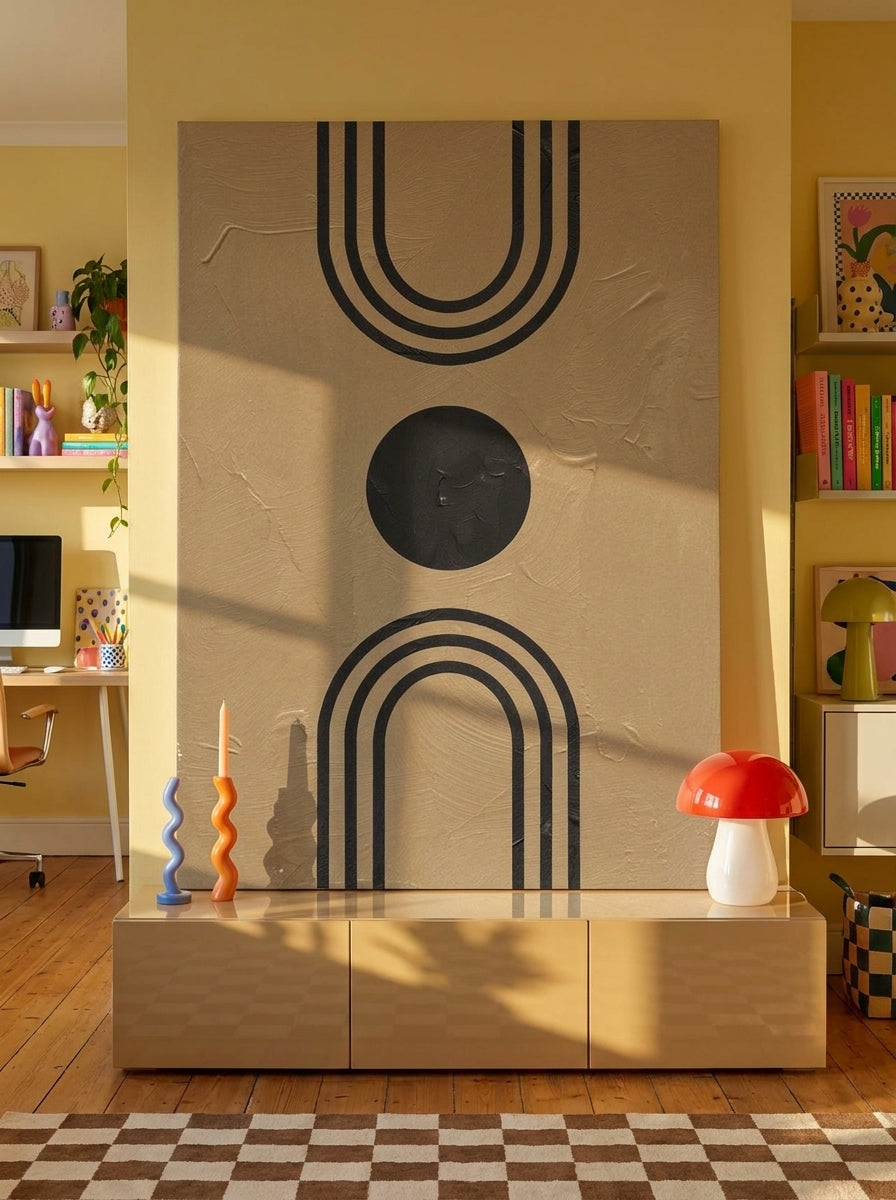 Stretched canvas wall art standing on a sideboard in a colourful eclectic home office