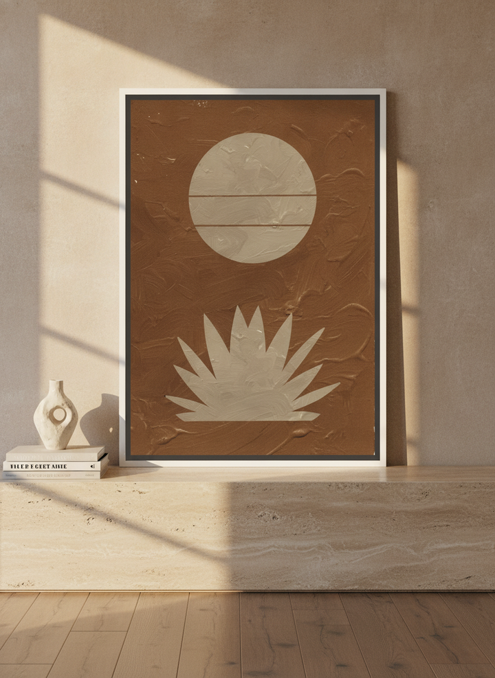 Canvas wall art with a white surround standing on a console in a luxe bedroom
