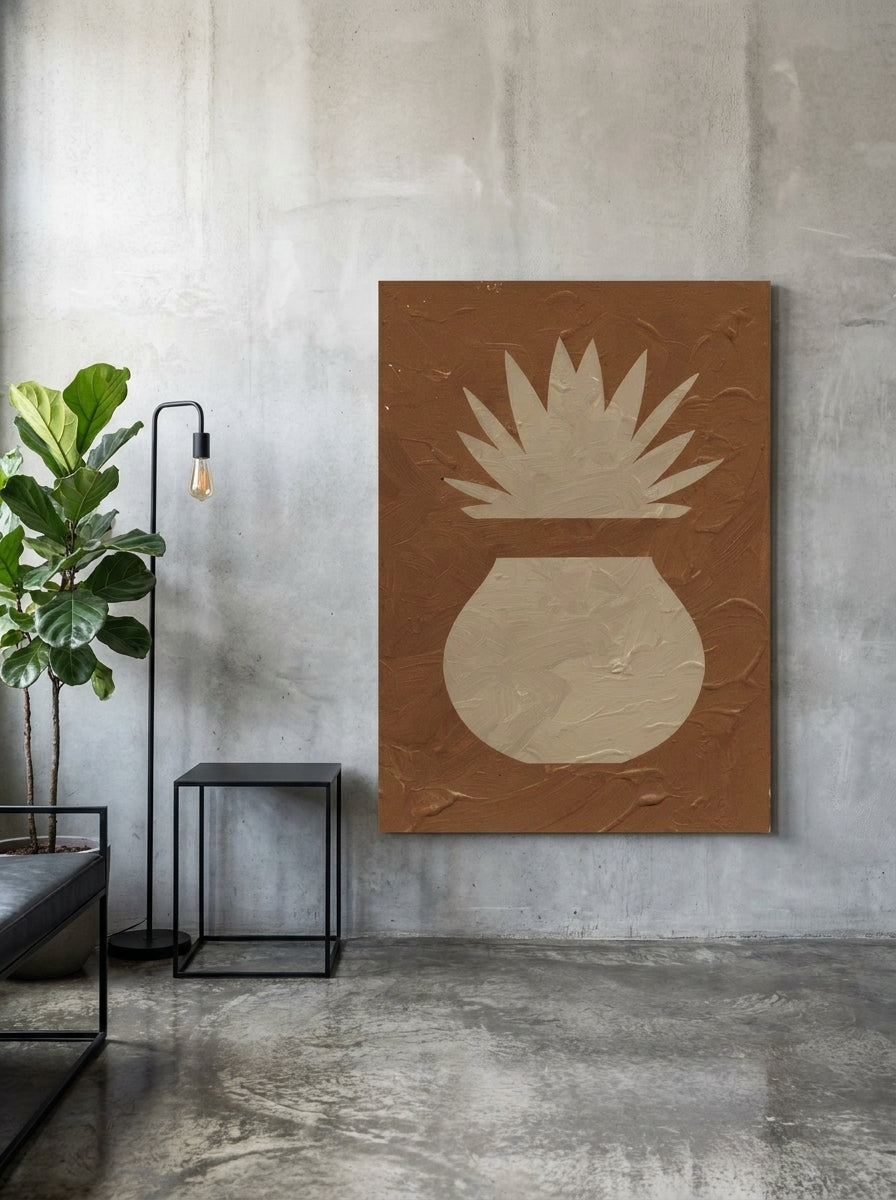 Stretched canvas wall art leaning against the wall in an industrial loft dining room