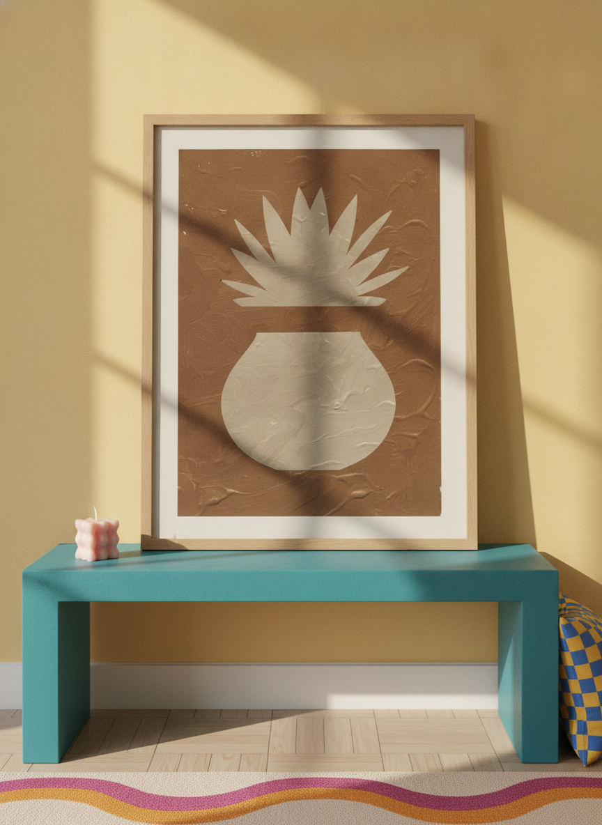 Modern wall art print standing on a side table in a colourful eclectic home office