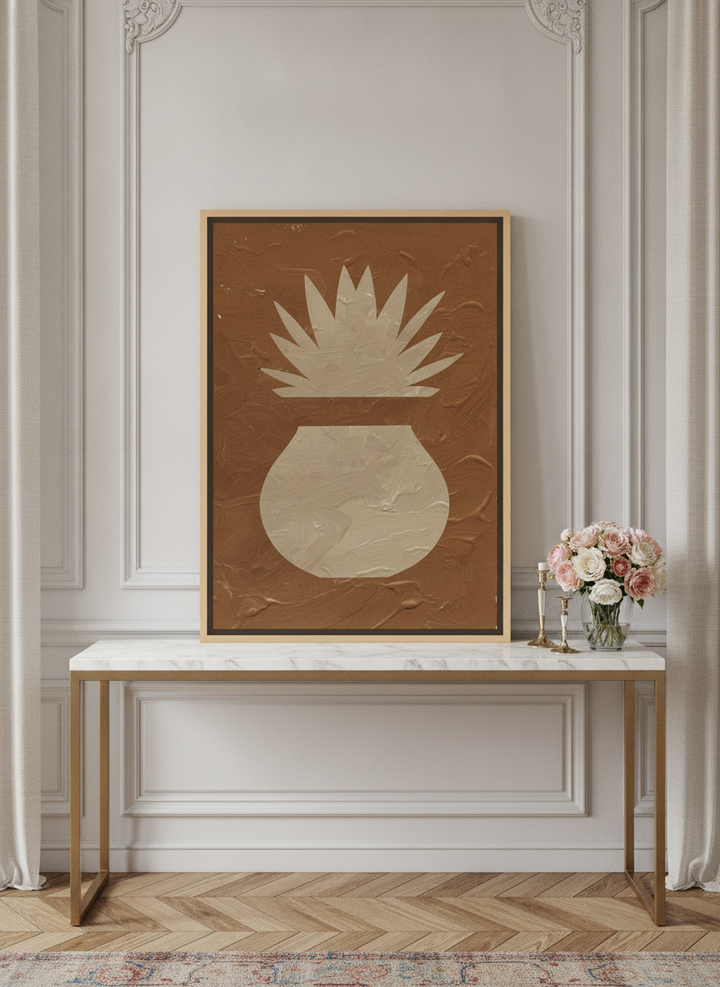 Canvas wall art with a natural timber surround standing on a console in a Parisian home office