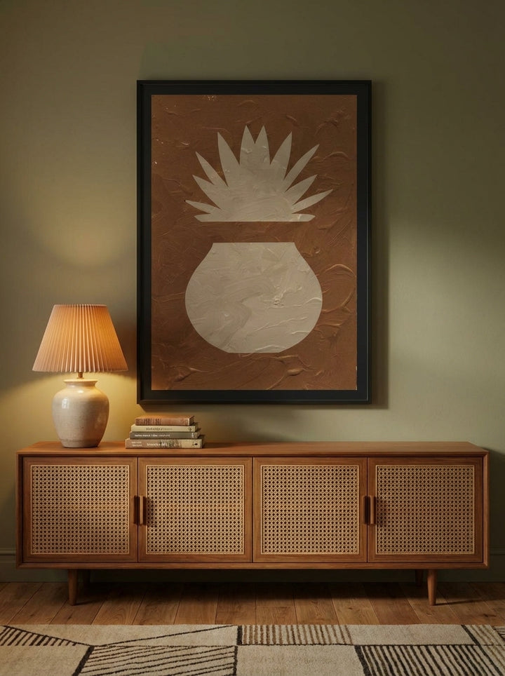 Oversized statement modern wall art print styled on the wall in a mid-century living room
