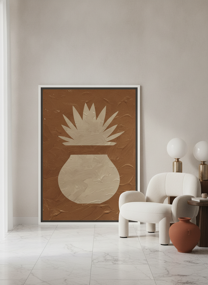 Canvas wall art with a white surround leaning against the wall in a luxe bedroom