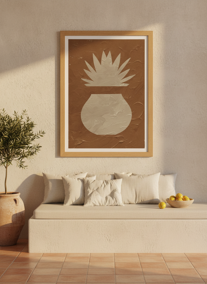 Modern wall art print styled on the wall in a Mediterranean living room
