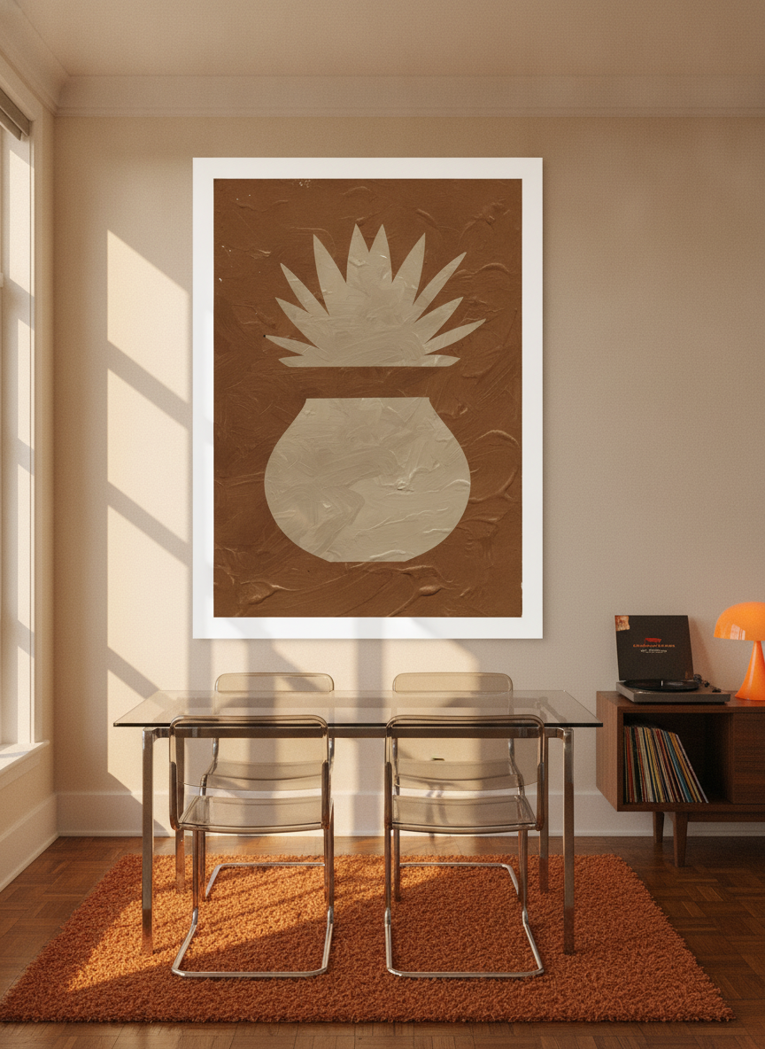 Oversized statement modern wall art print styled on the wall in a retro 70s dining room