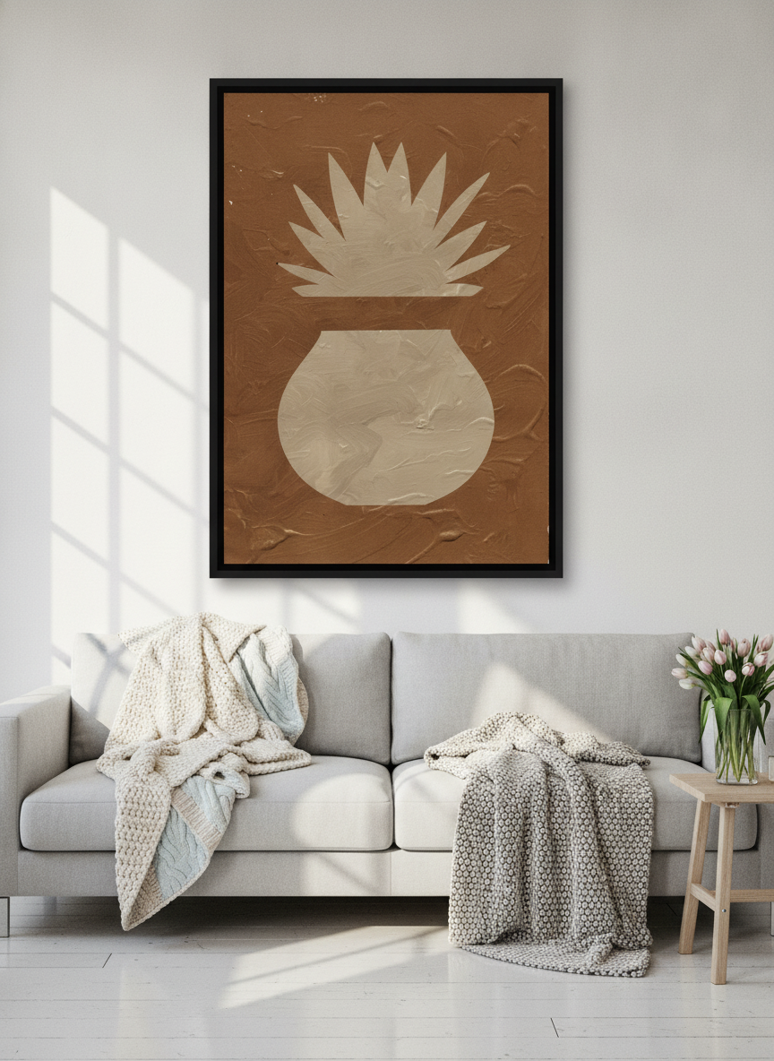 Oversized statement canvas wall art with a black surround styled on the wall in a bright Scandinavian living room