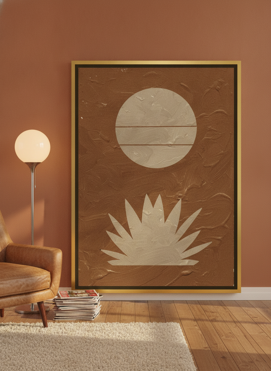 Canvas wall art with a gold leaf surround leaning against the wall in a retro 70s home office