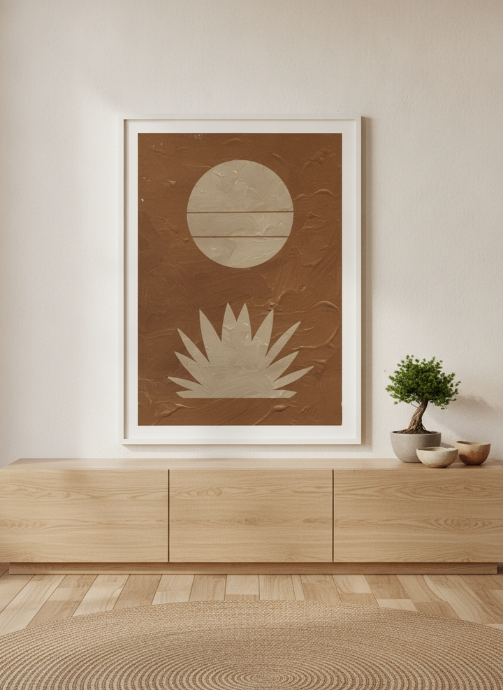 Modern wall art print standing on a sideboard in a warm Japandi home office