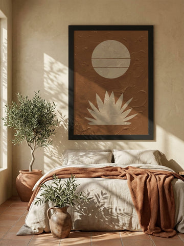 Oversized statement modern wall art print styled on the wall in a Mediterranean bedroom