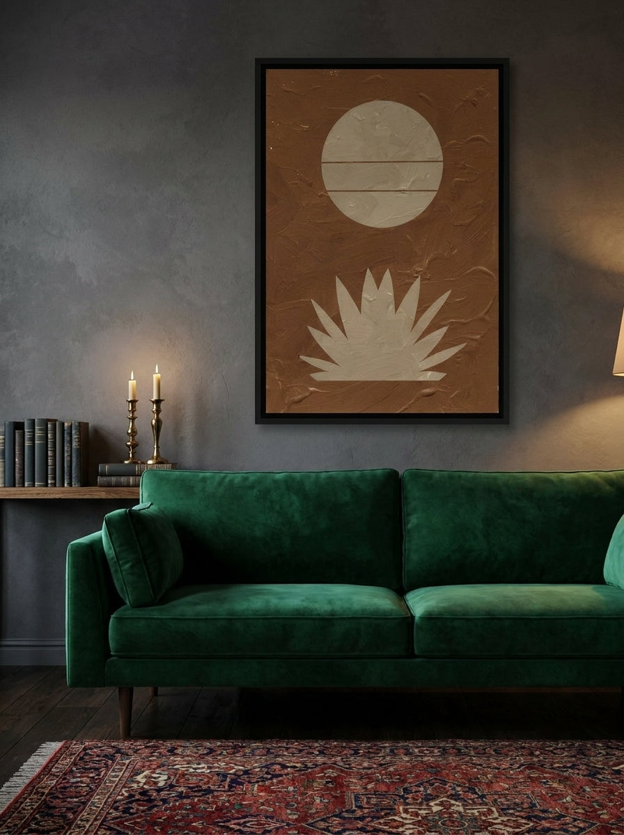 Canvas wall art with a black surround styled on the wall in a moody living room